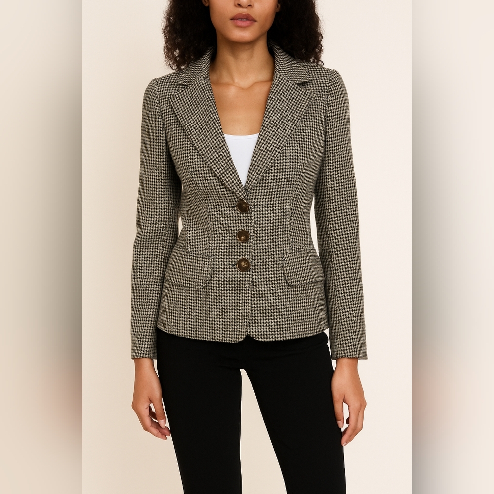 Pink Tartan Wool Houndstooth Peplum Blazer Jacket Size 6 Tailored Office